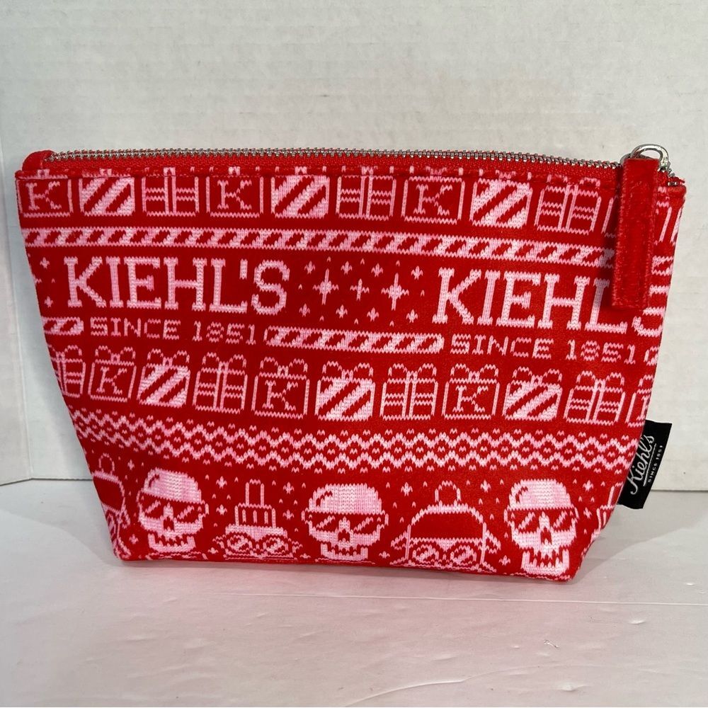 Kiehl's Red Holiday Toiletry Make Up Pouch Travel Case Christmas Skull Zip Close